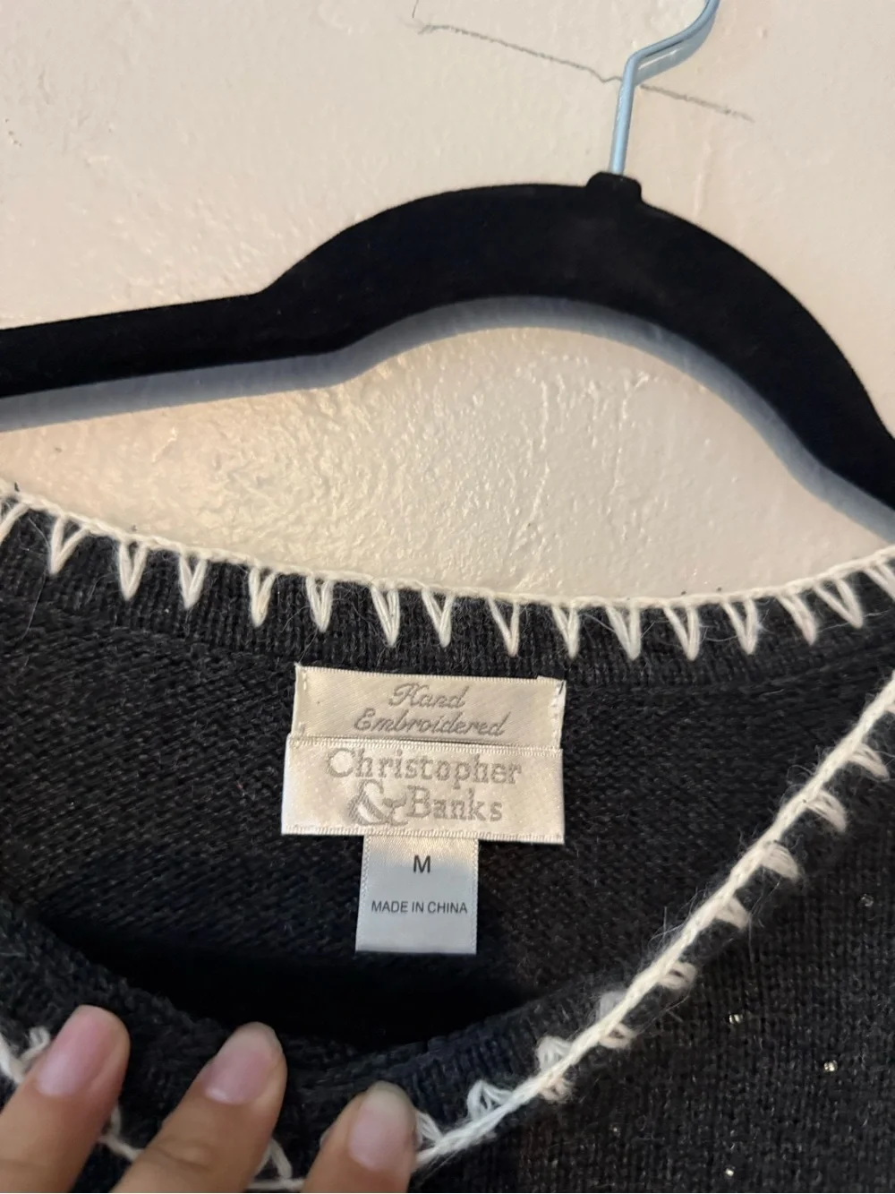 Christopher & Banks Charcoal Knit Crewneck Sweater with White Cabin Embroidery